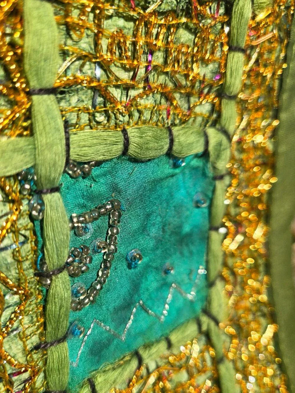 Vintage Pier 1 Imports Beaded Patchwork Placemat – Green & Gold Boho Table Decor